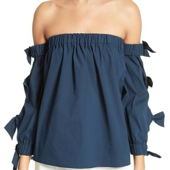 MILLY Blythe off shoulder navy bow sleeve blouse top size Small - Picture 1 of 9